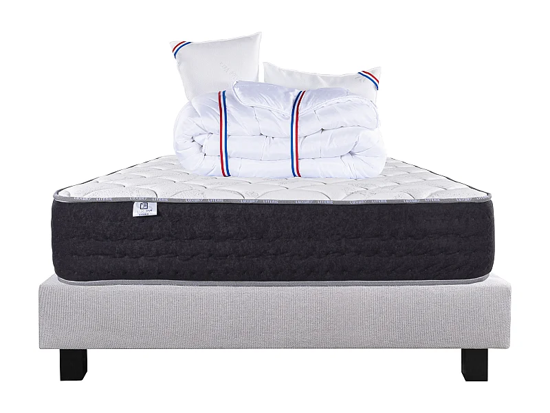 Ensemble Matelas 140x190 cm, Sérénité, 27 cm + sommier gris + 2 oreillers + couette