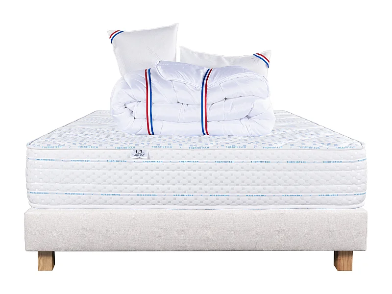 Ensemble Matelas 140x200 cm, Thermotec, 24 cm + sommier beige + 2 oreillers + couette