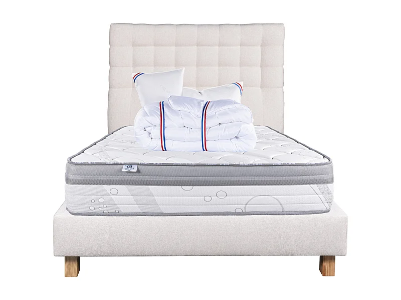 Ensemble Matelas 140x190 cm, ViscoPlus, 26 cm + sommier beige + 2 oreillers + couette +TDL