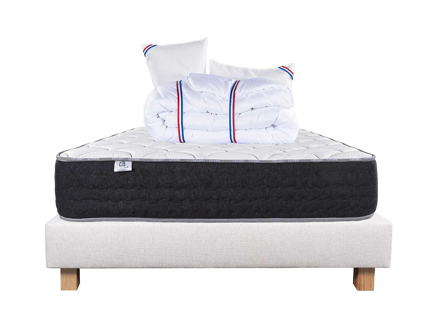 Ensemble Matelas 160x200 cm, Sérénité, 27 cm + sommier beige + 2 oreillers + couette
