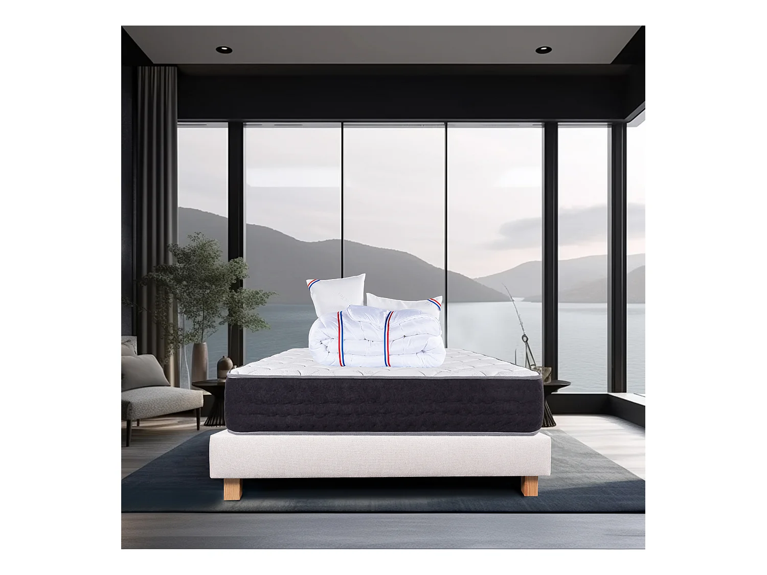 Ensemble Matelas 160x200 cm, Sérénité, 27 cm + sommier beige + 2 oreillers + couette