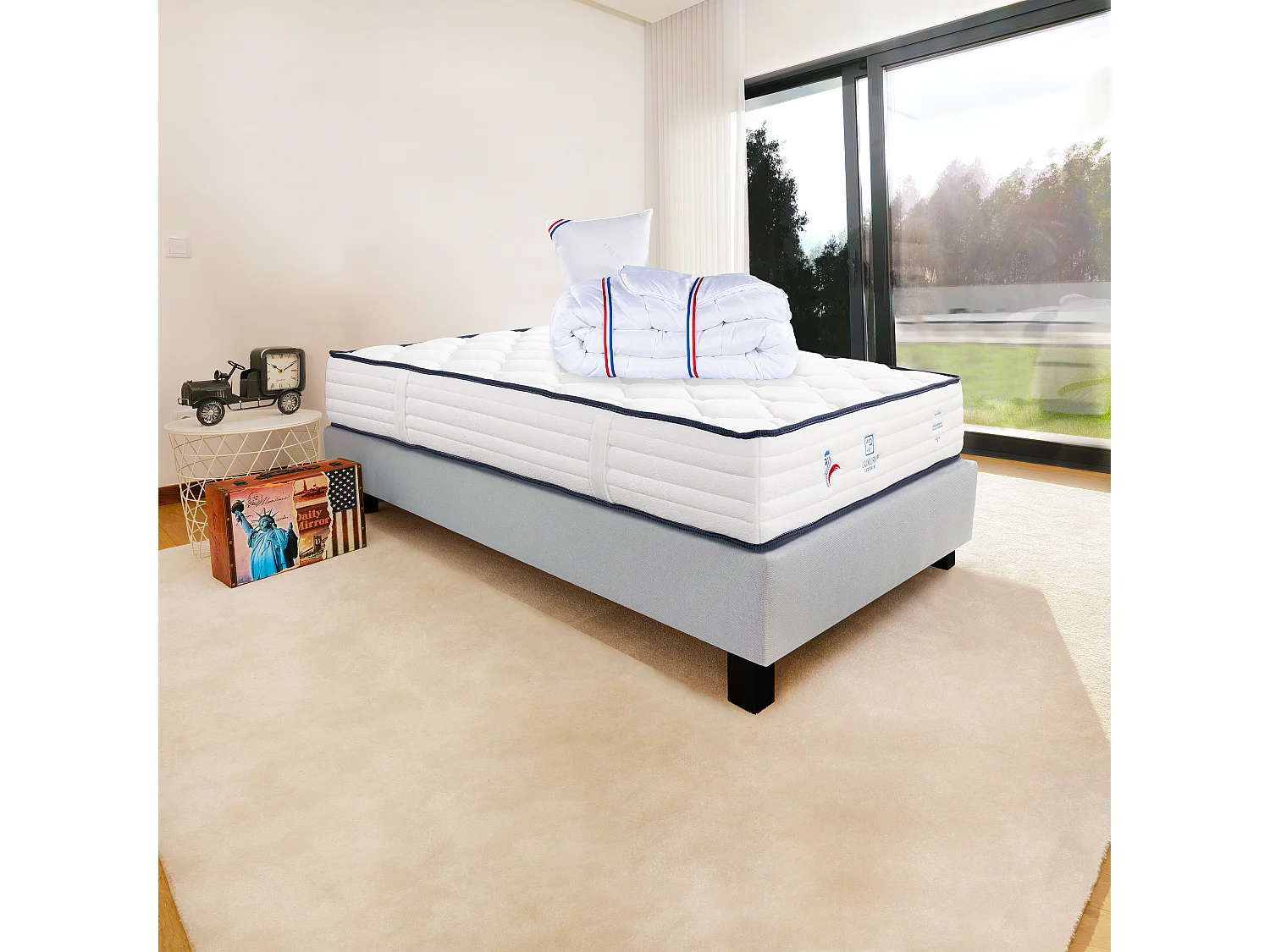 Ensemble Matelas 90x190 cm, Patriote, 27 cm + sommier gris + oreiller + couette