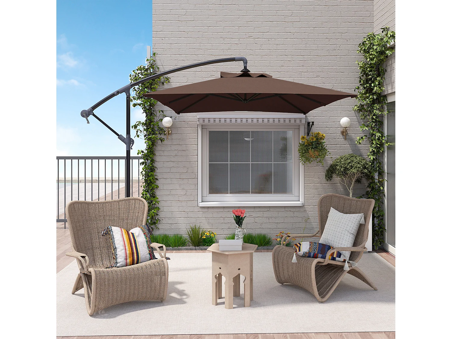 Parasol déporté rectangulaire dim. 294L x 193l x 250H cm pied en croix kaki