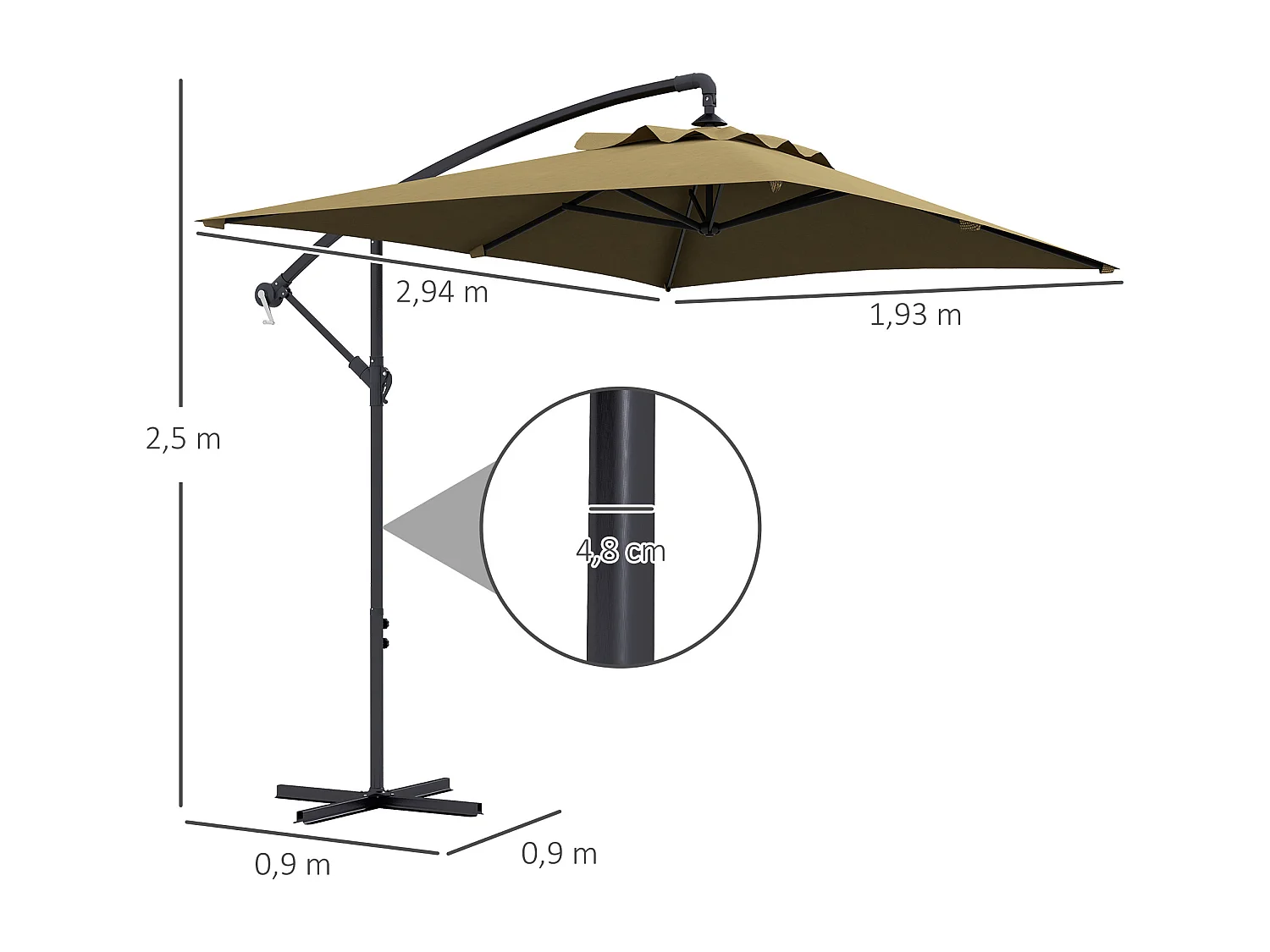 Parasol déporté rectangulaire dim. 294L x 193l x 250H cm pied en croix kaki