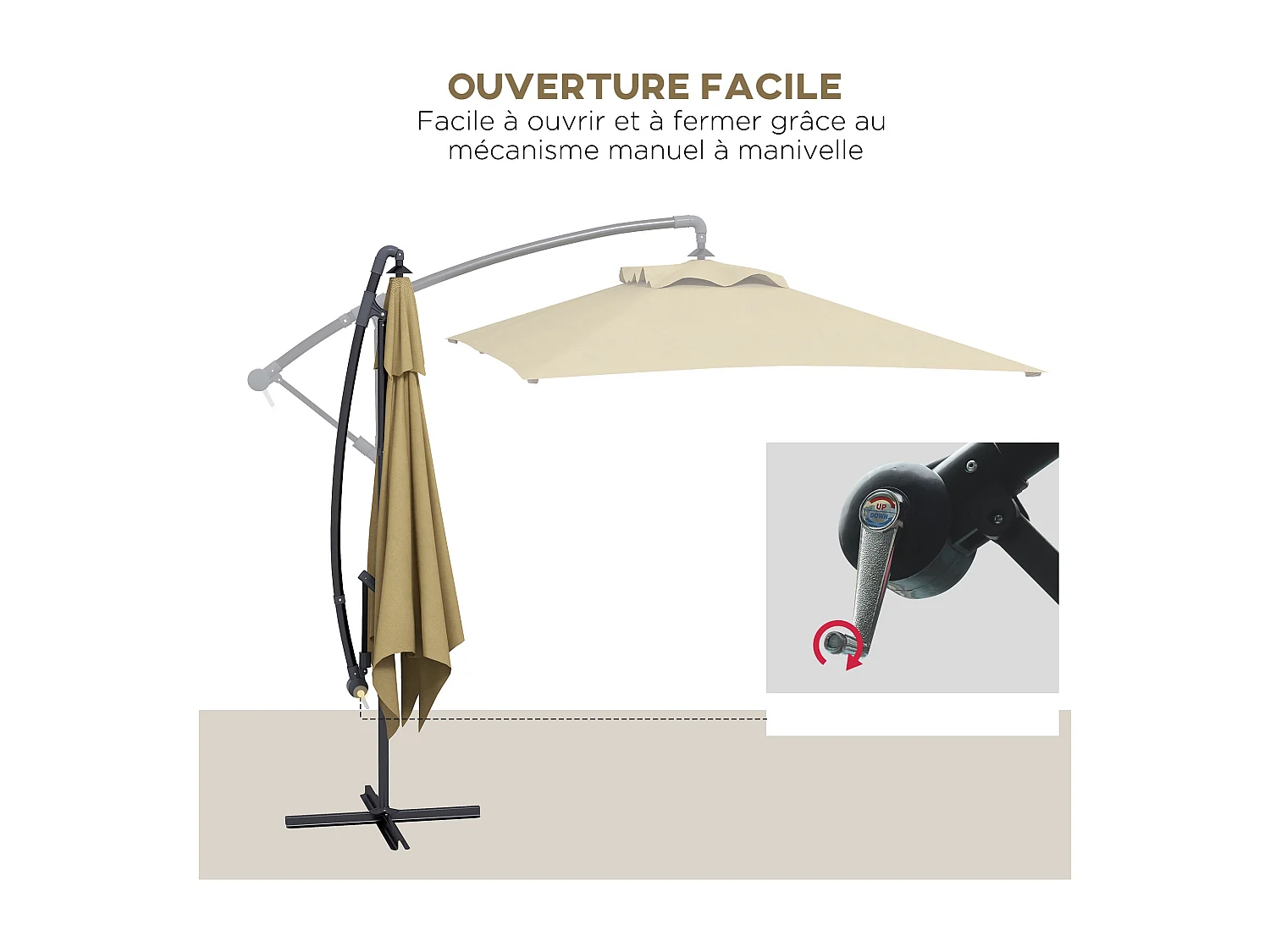 Parasol déporté rectangulaire dim. 294L x 193l x 250H cm pied en croix kaki