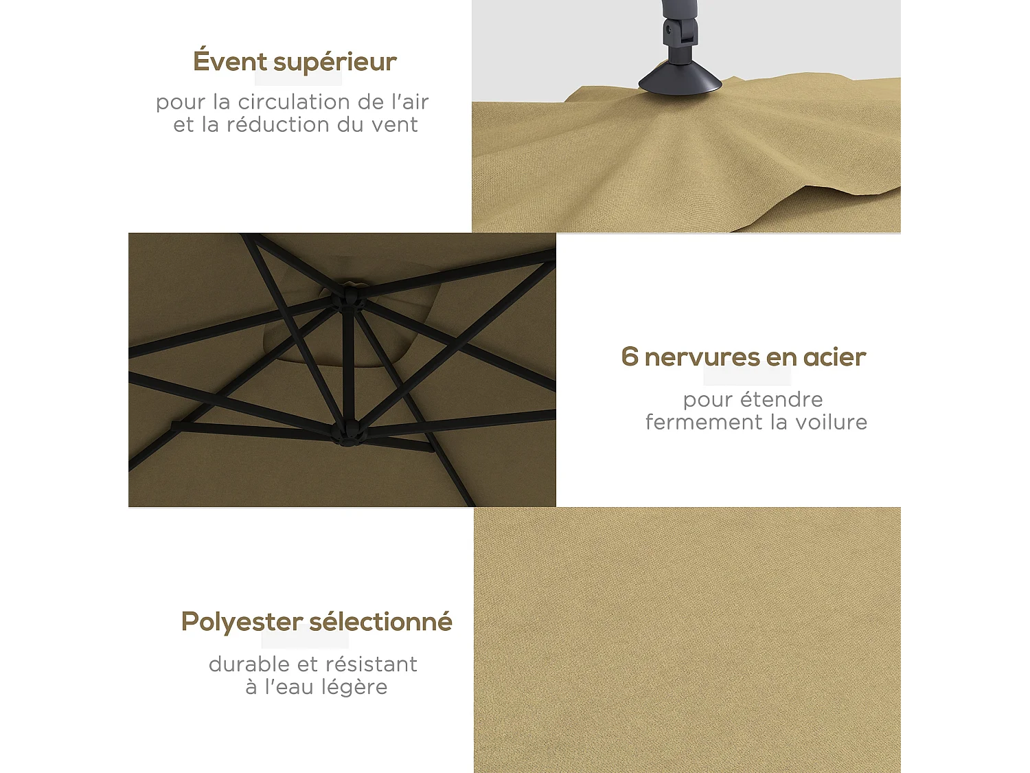 Parasol déporté rectangulaire dim. 294L x 193l x 250H cm pied en croix kaki