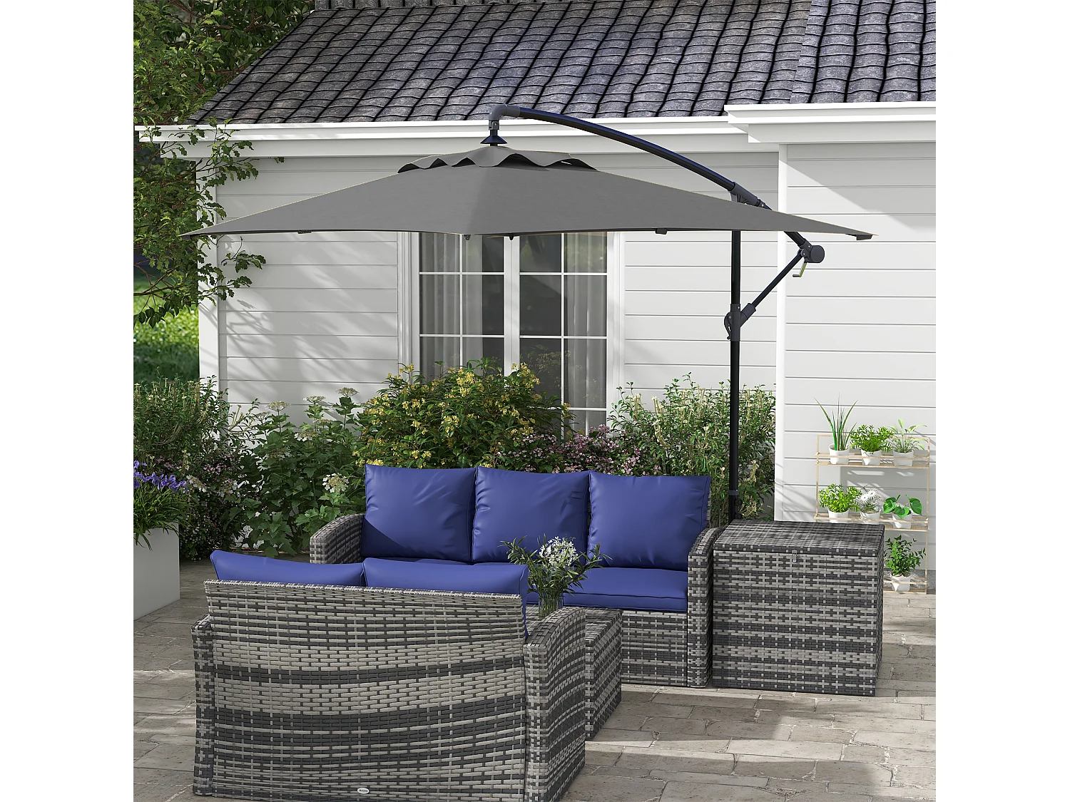 Parasol déporté rectangulaire dim. 294L x 193l x 250H cm pied en croix gris