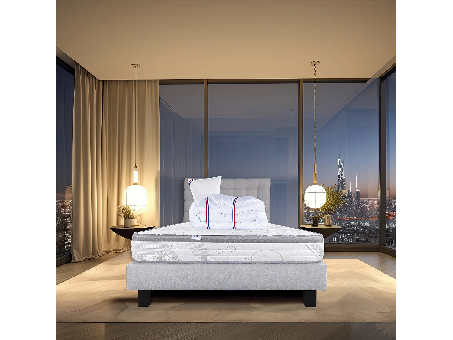 Ensemble Matelas 90x190 cm, Relaxation, 26 cm + sommier gris + oreiller + couette + TDL