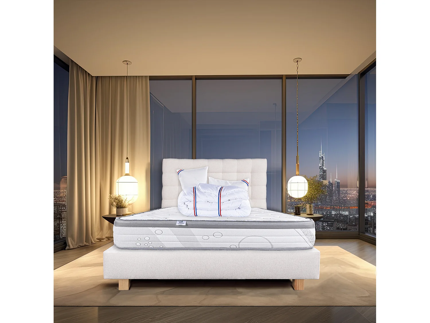 Ensemble Matelas 140x190 cm, Relaxation, 26 cm + sommier beige + 2 oreillers + couette+TDL