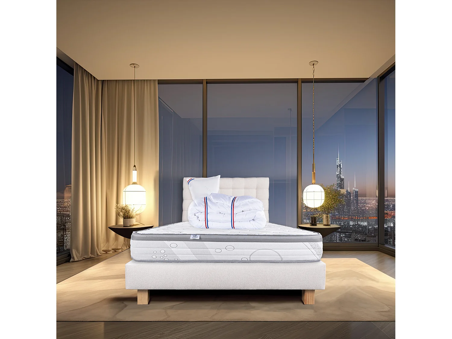 Ensemble Matelas 90x190 cm, Relaxation, 26 cm + sommier beige + oreiller + couette + TDL