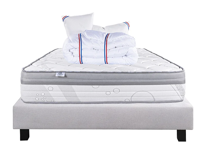 Ensemble Matelas 140x190 cm, Relaxation, 26 cm + sommier gris + 2 oreillers + couette