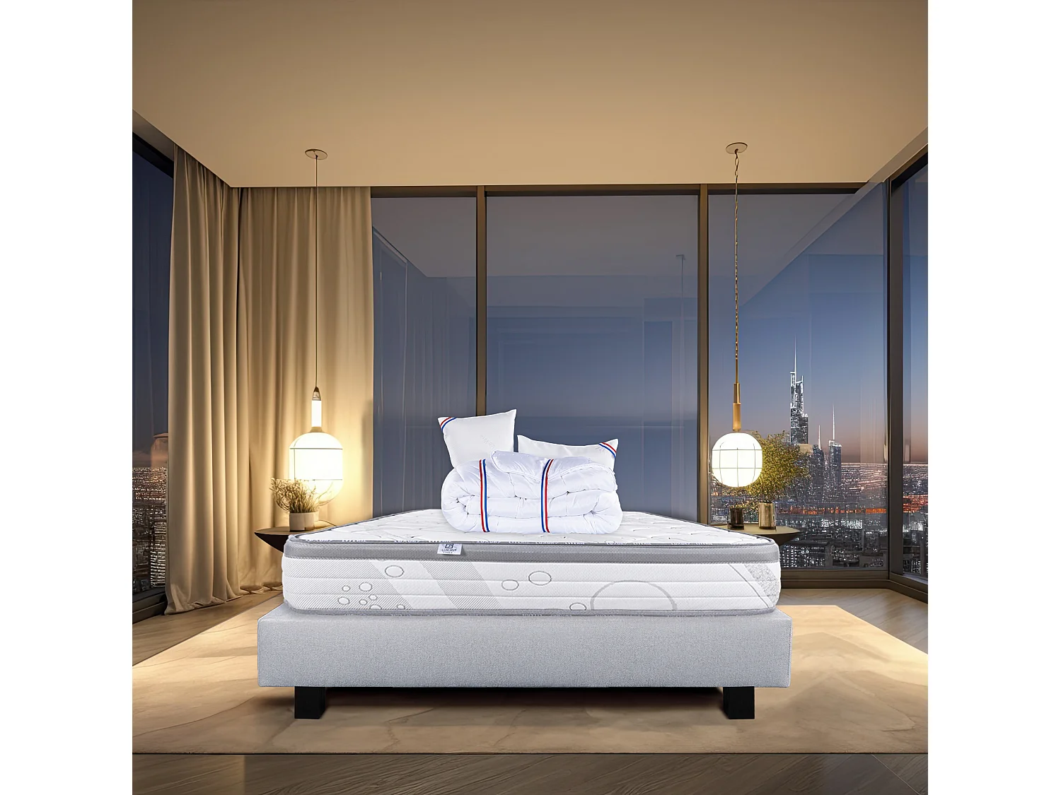 Ensemble Matelas 140x190 cm, Relaxation, 26 cm + sommier gris + 2 oreillers + couette