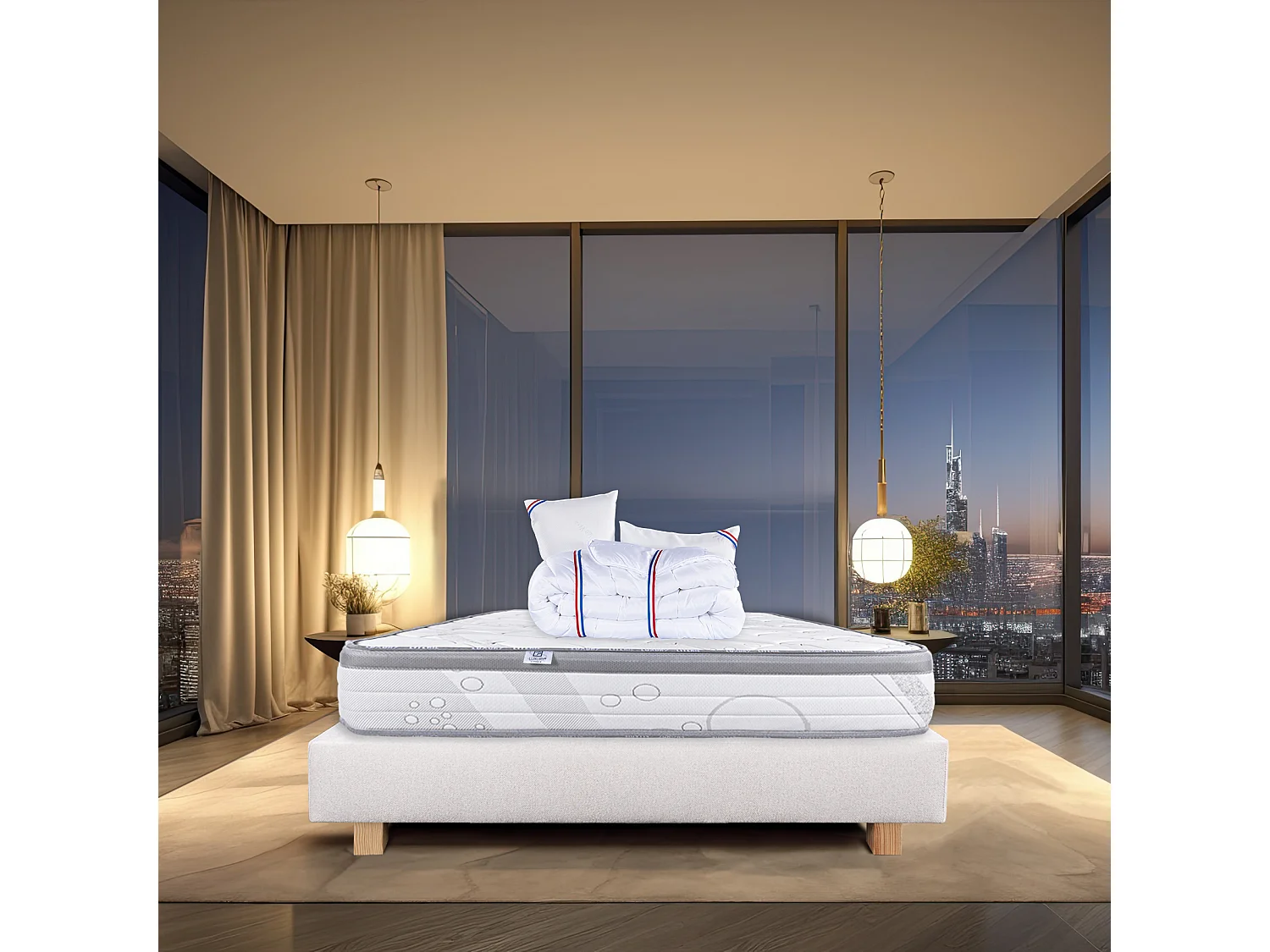 Ensemble Matelas 140x200 cm, Relaxation, 26 cm + sommier beige + 2 oreillers + couette