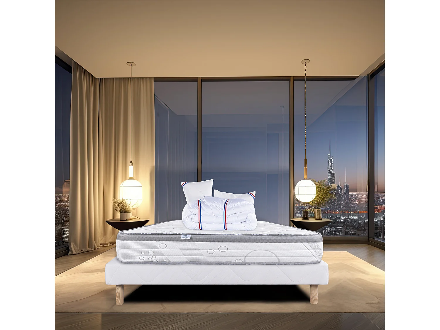 Ensemble Matelas 140x200 cm, Relaxation, 26 cm + sommier blanc + 2 oreillers + couette