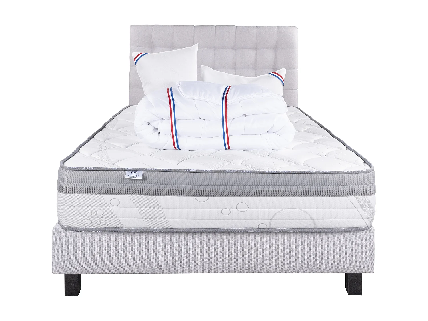 Ensemble Matelas 140x200 cm, Relaxation, 26 cm + sommier gris + 2 oreillers + couette +TDL