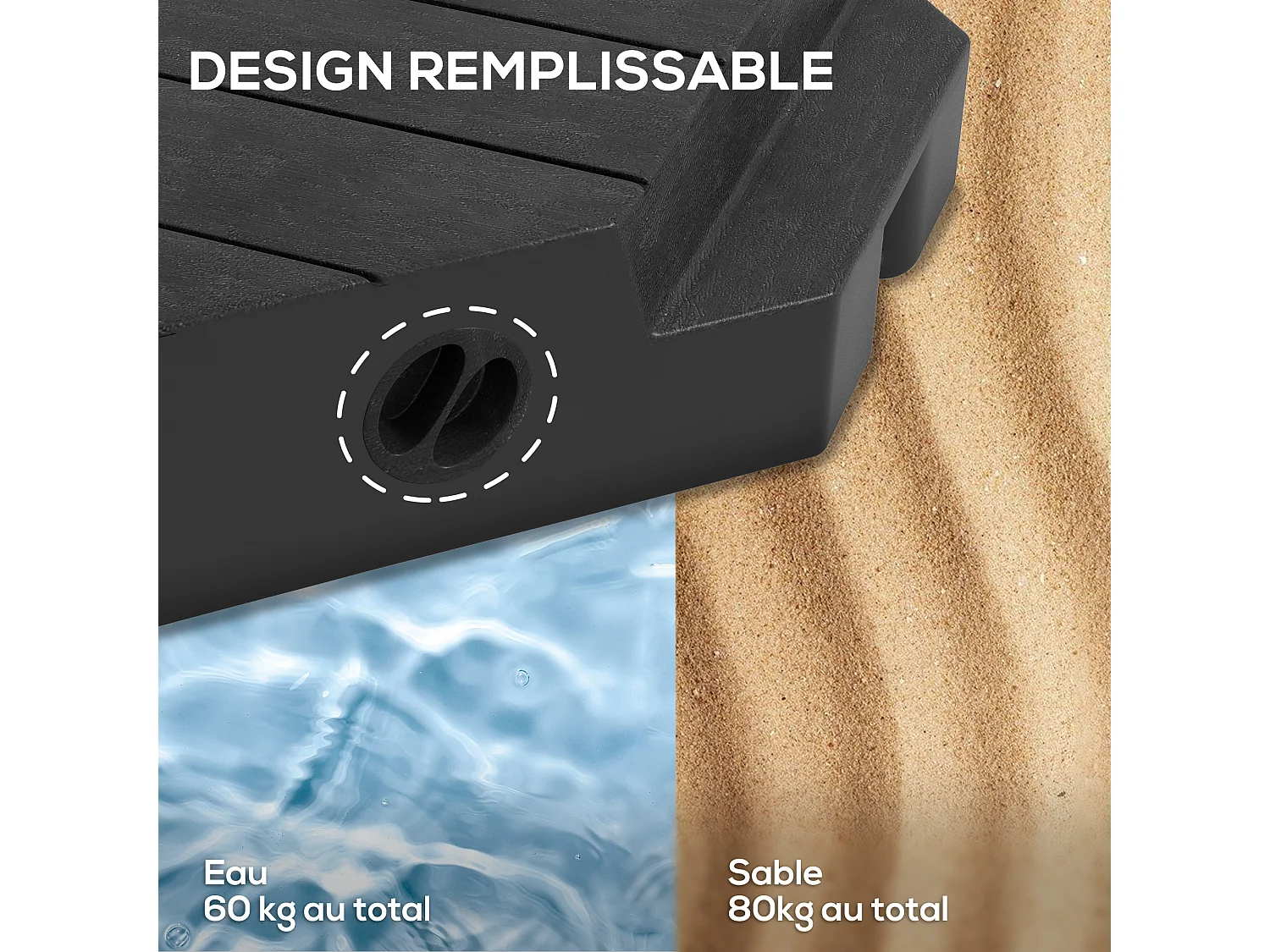 Lot de 4 dalles de lestage parasol déporté piètement croix - à lester eau ou sable - HDPE noir
