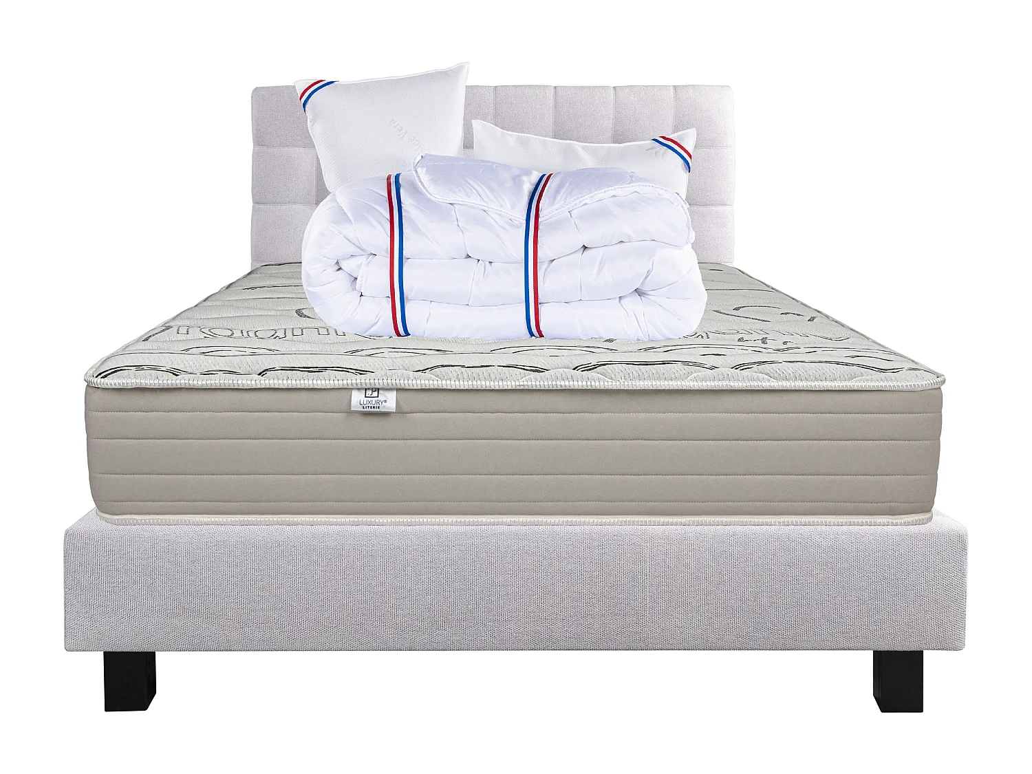 Ensemble Matelas 140x200 cm, OrganicCotton, 24 cm+sommier gris+2 oreillers+couette+TDL