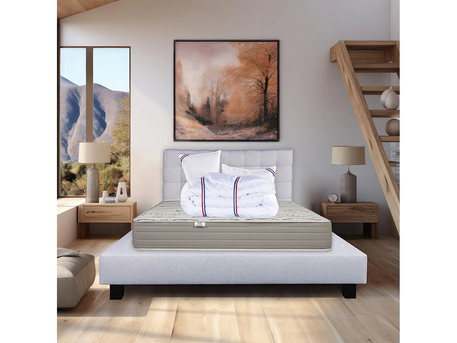 Ensemble Matelas 140x200 cm, OrganicCotton, 24 cm+sommier gris+2 oreillers+couette+TDL