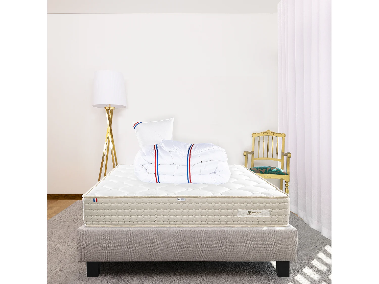 Ensemble Matelas 90x190 cm, Sublime, 20 cm + sommier gris + oreiller + couette