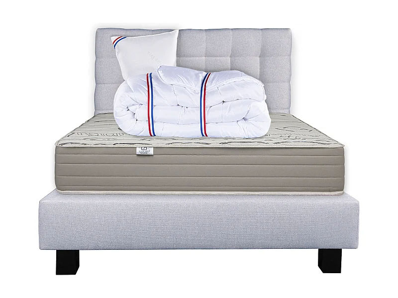 Ensemble Matelas 90x190 cm, OrganicCotton, 24 cm + sommier gris + oreiller + couette + TDL