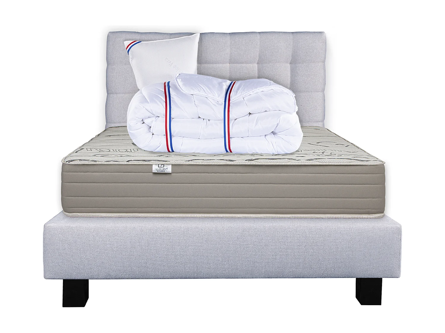Ensemble Matelas 90x190 cm, OrganicCotton, 24 cm + sommier gris + oreiller + couette + TDL