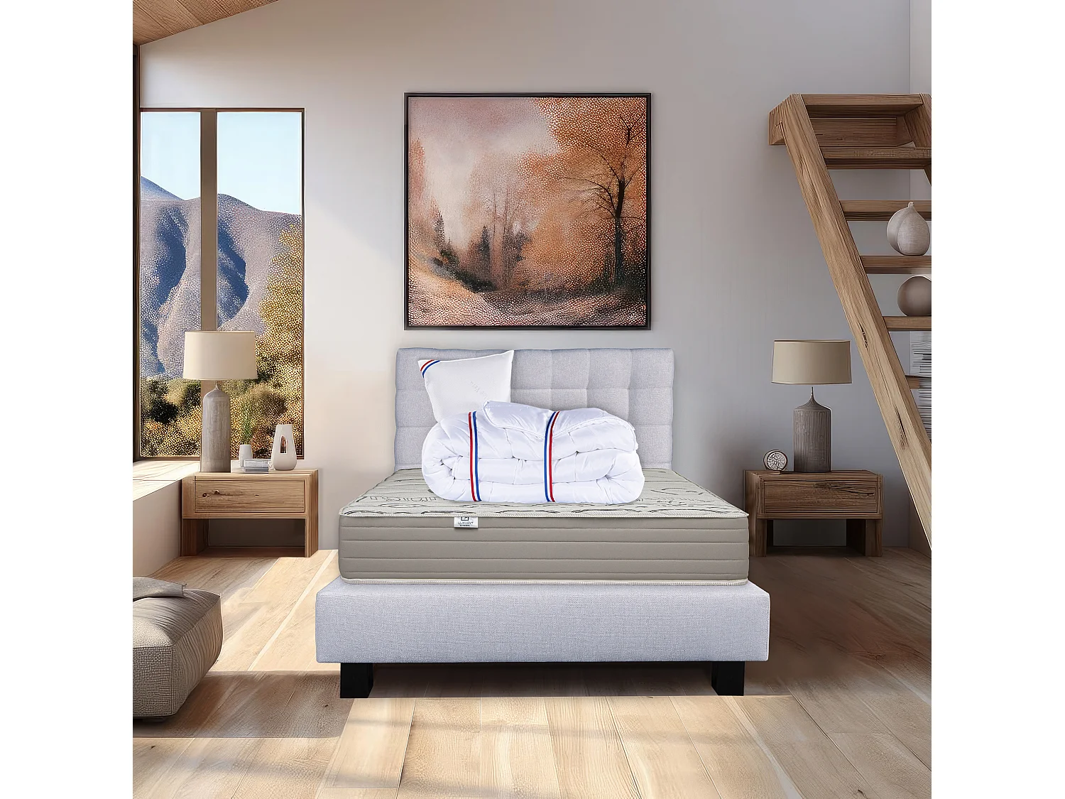 Ensemble Matelas 90x190 cm, OrganicCotton, 24 cm + sommier gris + oreiller + couette + TDL