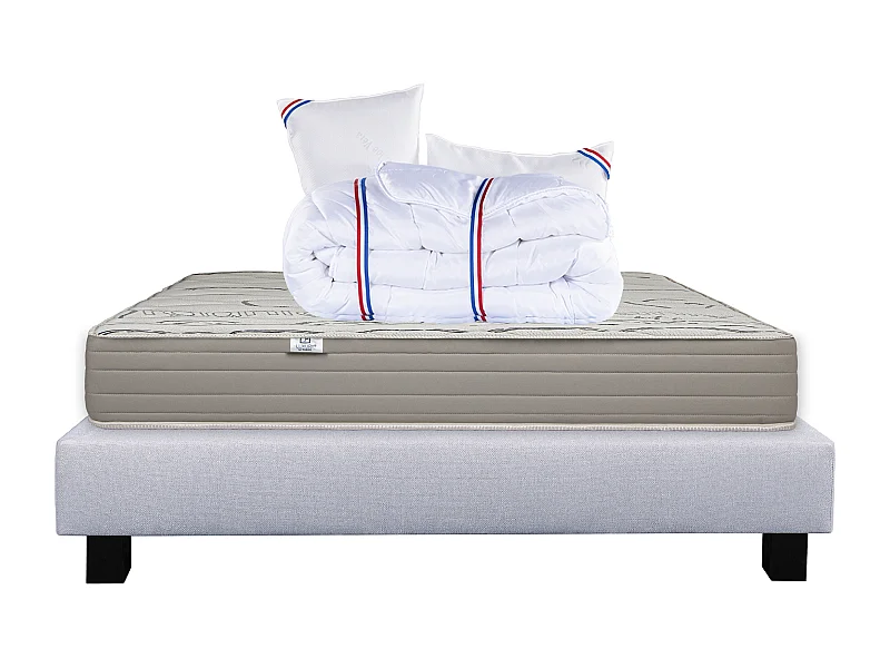 Ensemble Matelas 160x200 cm, Organic Cotton, 24 cm + sommier gris + 2 oreillers + couette