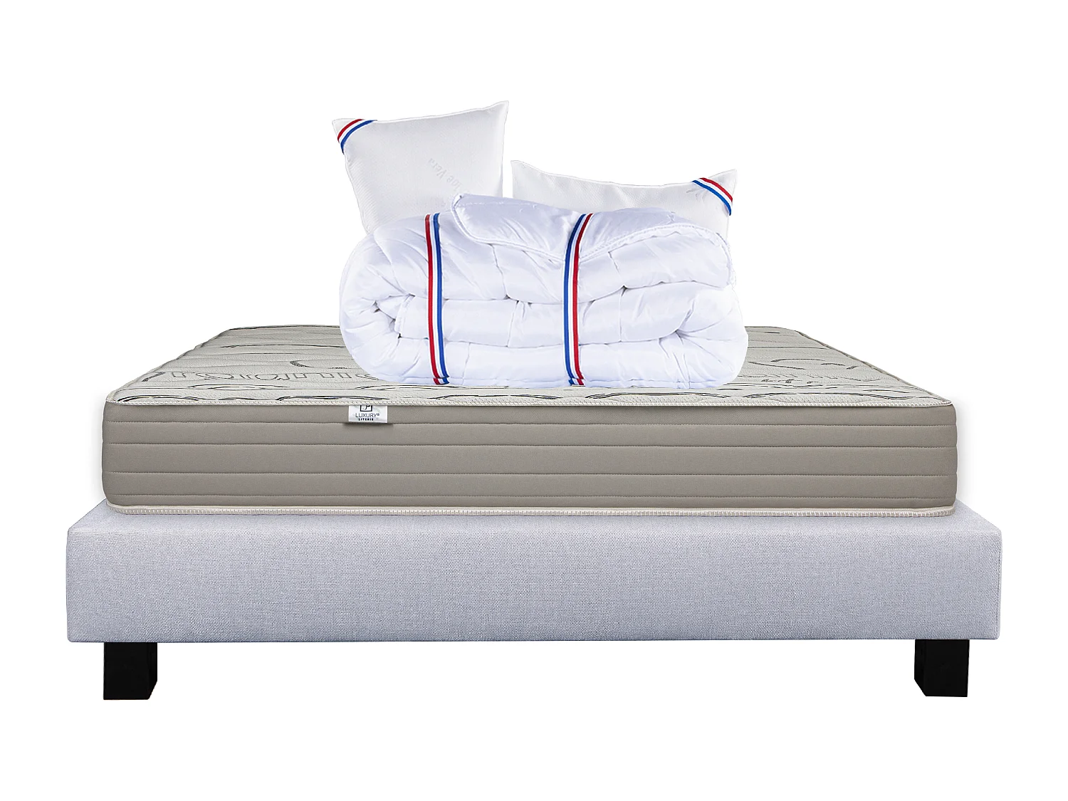 Ensemble Matelas 160x200 cm, Organic Cotton, 24 cm + sommier gris + 2 oreillers + couette