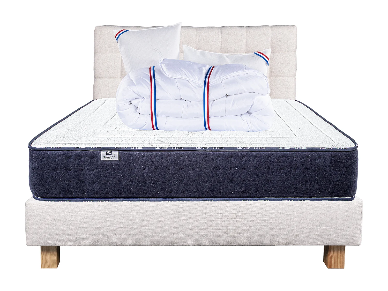 Ensemble Matelas 140x190 cm, Nuage, 24 cm + sommier beige + 2 oreillers + couette + TDL