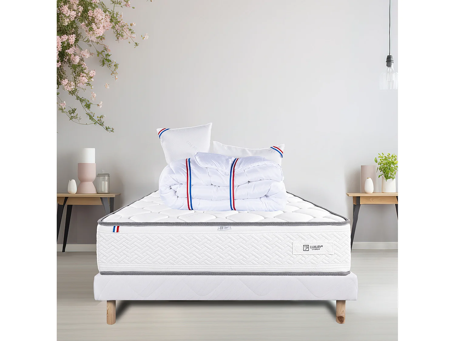 Ensemble Matelas 140x190 cm, Iris, 20 cm + sommier blanc + 2 oreillers + couette
