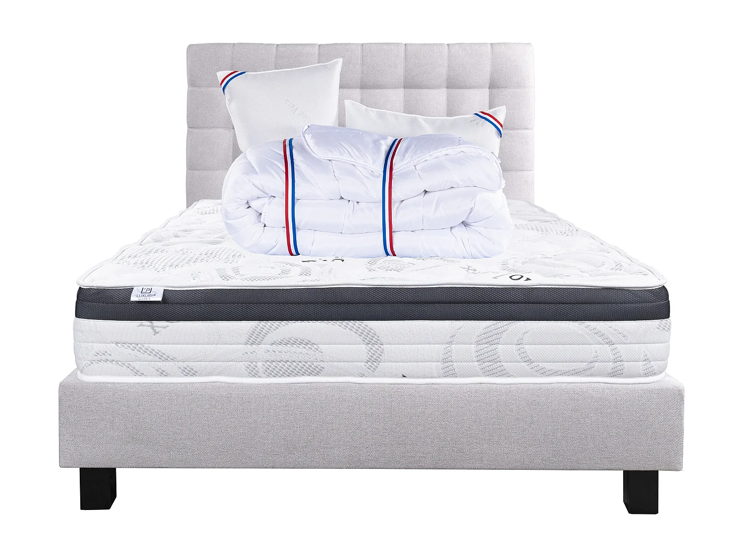 Ensemble Matelas 140x200 cm, Sleeplux, 26 cm + sommier gris + 2 oreillers + couette + TDL