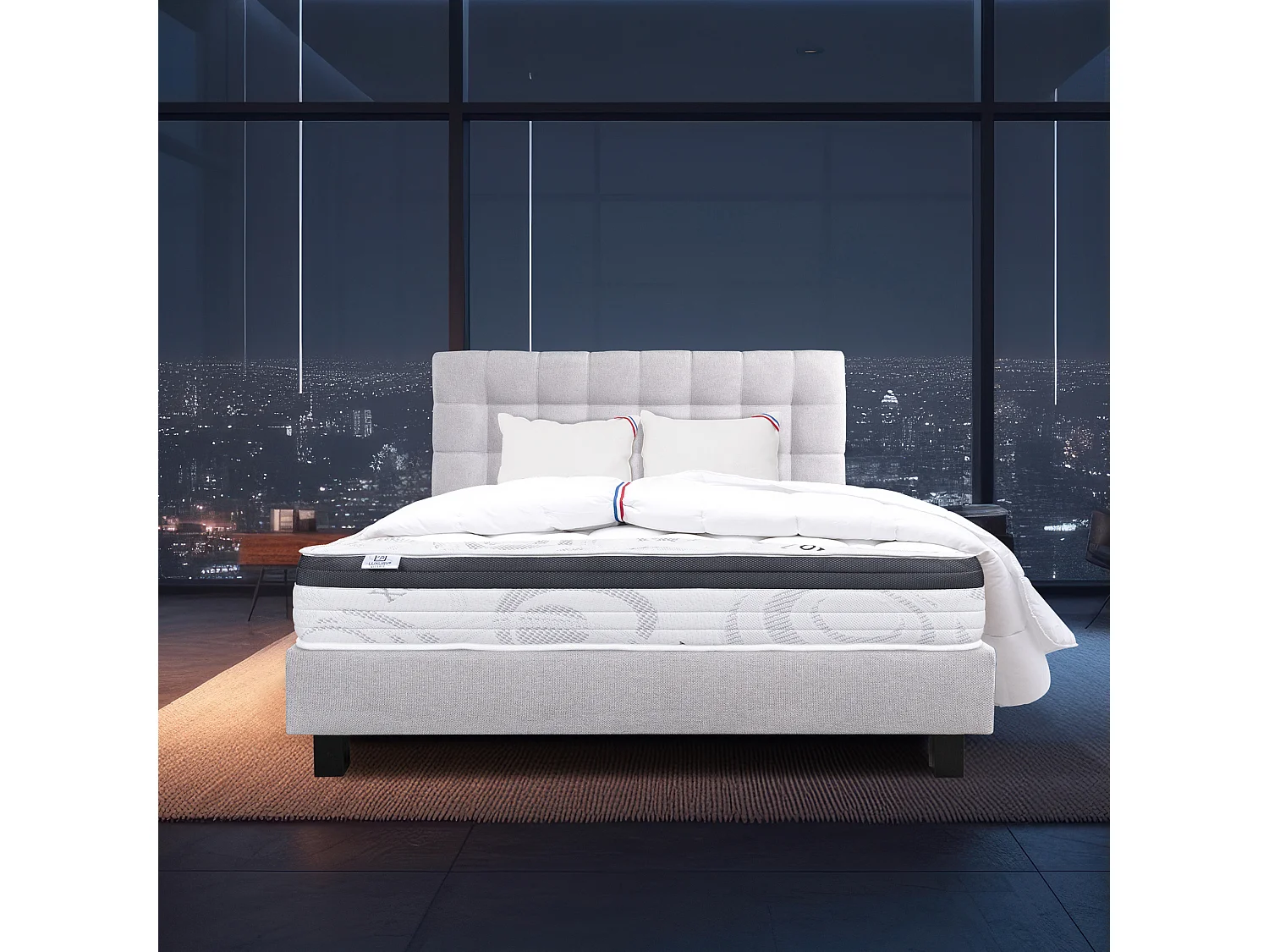 Ensemble Matelas 140x200 cm, Sleeplux, 26 cm + sommier gris + 2 oreillers + couette + TDL