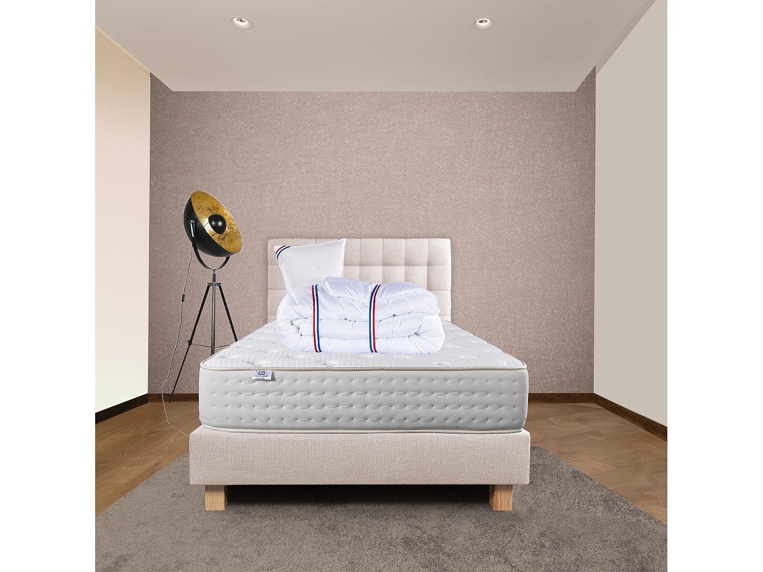 Ensemble Matelas 90x190 cm, Purlux, 26 cm + sommier beige + oreiller + couette + TDL