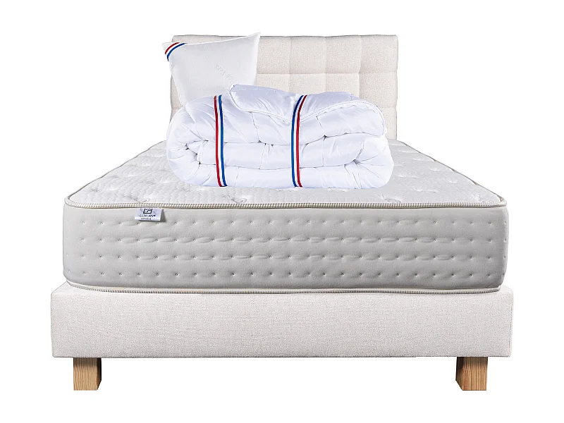 Ensemble Matelas 90x190 cm, Purlux, 26 cm + sommier beige + oreiller + couette + TDL