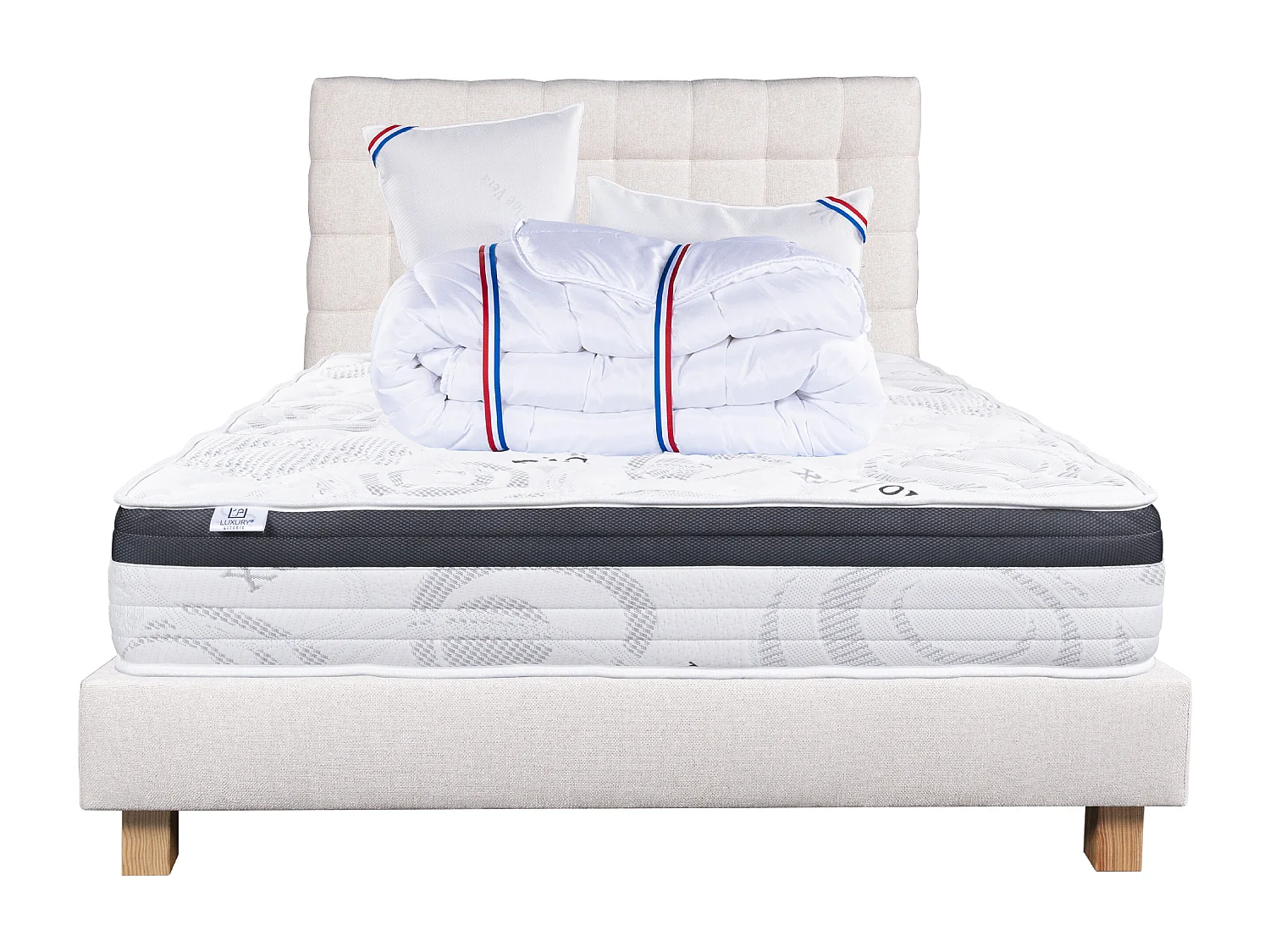 Ensemble Matelas 140x190 cm, Sleeplux, 26 cm + sommier beige + 2 oreillers + couette + TDL