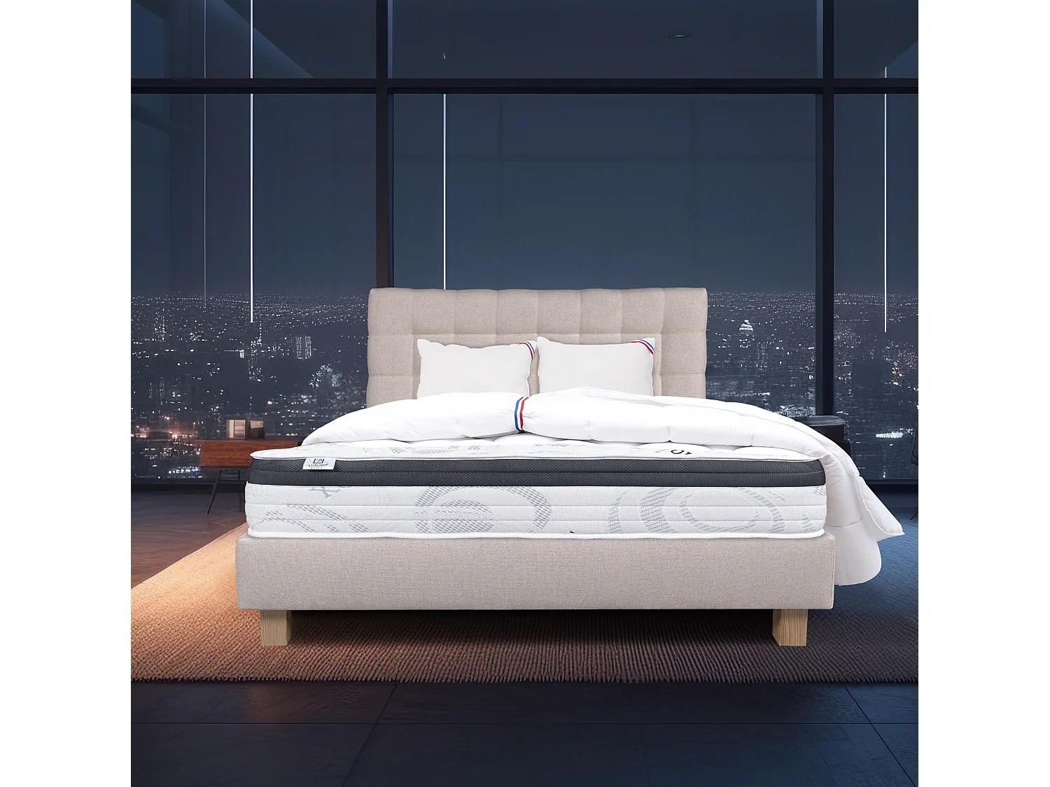 Ensemble Matelas 140x190 cm, Sleeplux, 26 cm + sommier beige + 2 oreillers + couette + TDL