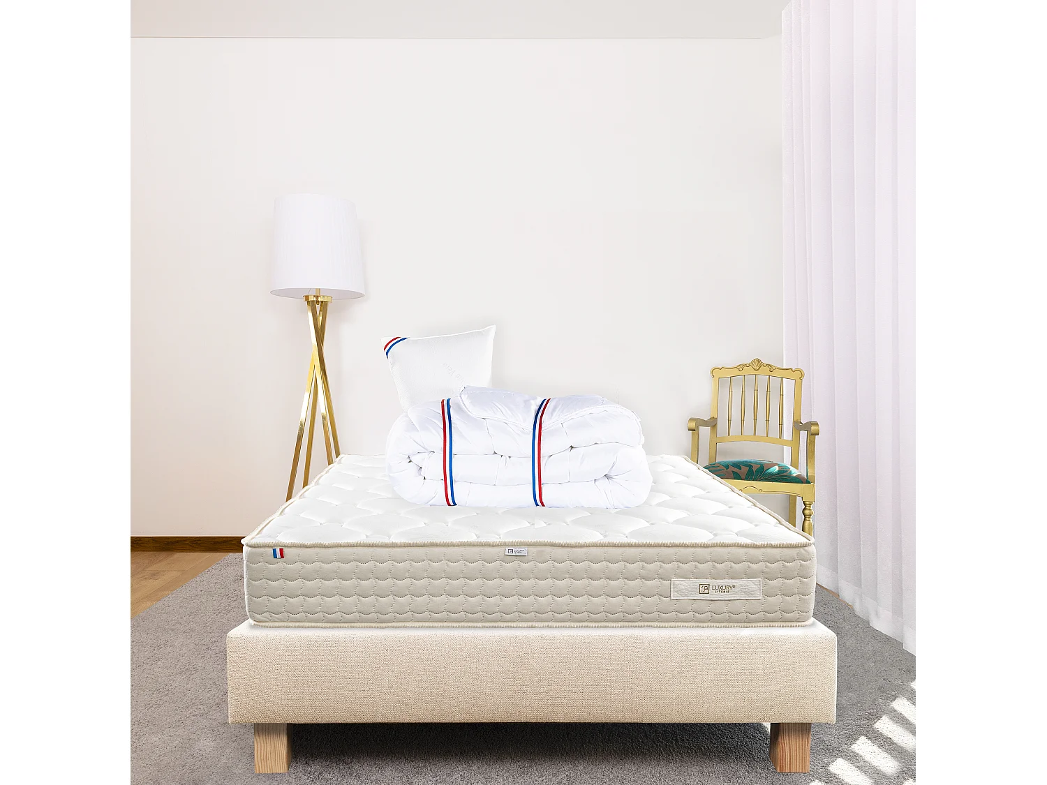 Ensemble Matelas 90x190 cm, Sublime, 20 cm + sommier beige + oreiller + couette
