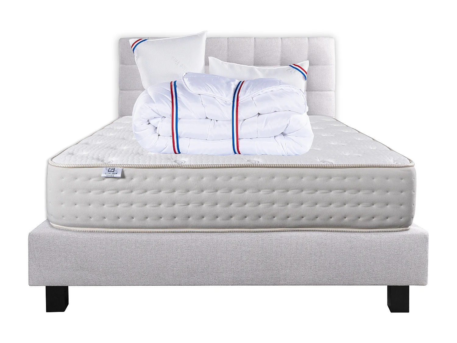 Ensemble Matelas 140x200 cm, Purlux, 26 cm + sommier gris + 2 oreillers + couette + TDL