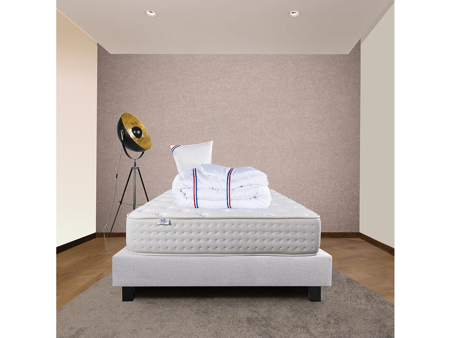 Ensemble Matelas 90x190 cm, Purlux, 26 cm + sommier gris + oreiller + couette