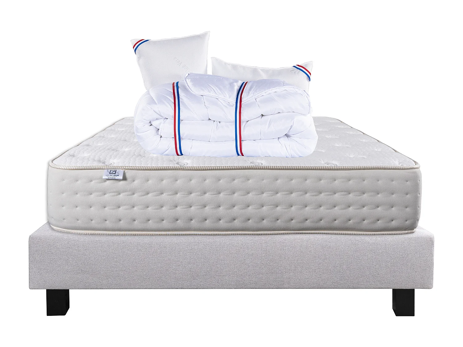 Ensemble Matelas 140x200 cm, Purlux, 26 cm + sommier gris + 2 oreillers + couette