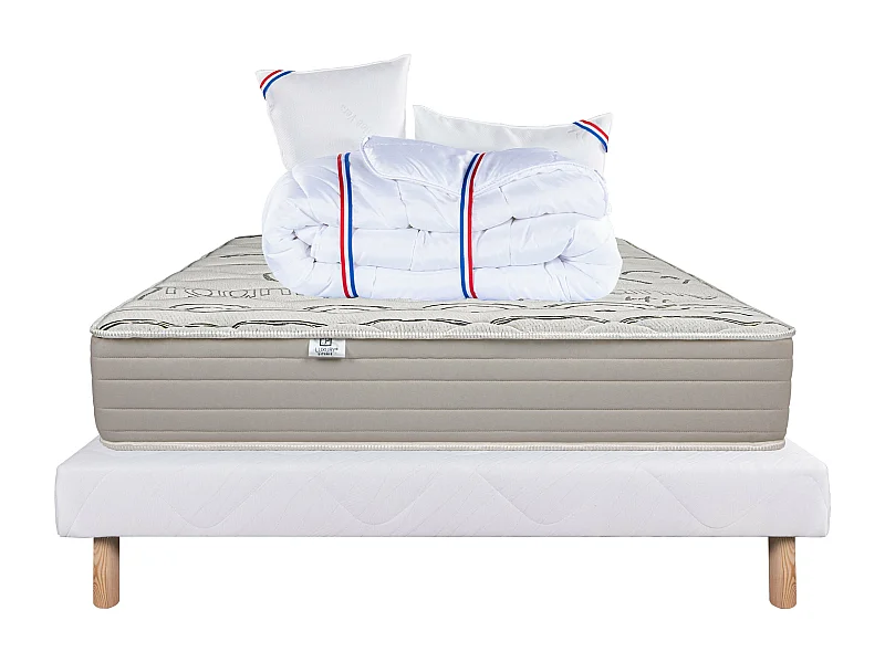 Ensemble Matelas 160x200 cm, Organic Cotton, 24 cm + sommier blanc + 2 oreillers + couette