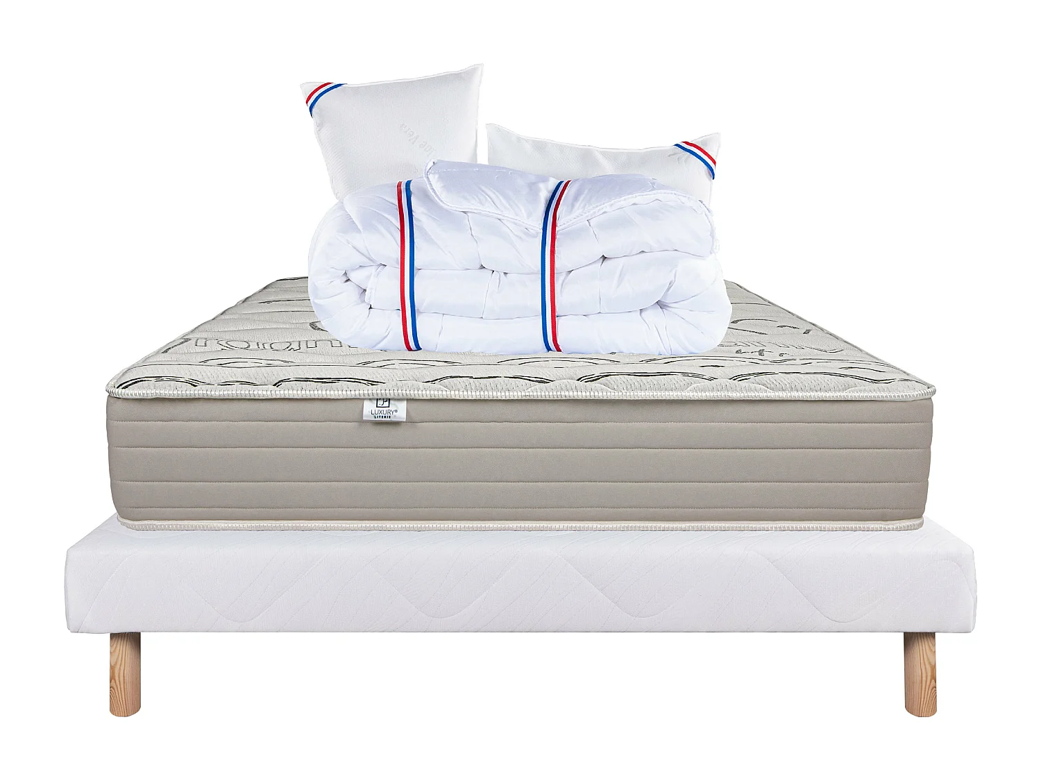 Ensemble Matelas 160x200 cm, Organic Cotton, 24 cm + sommier blanc + 2 oreillers + couette