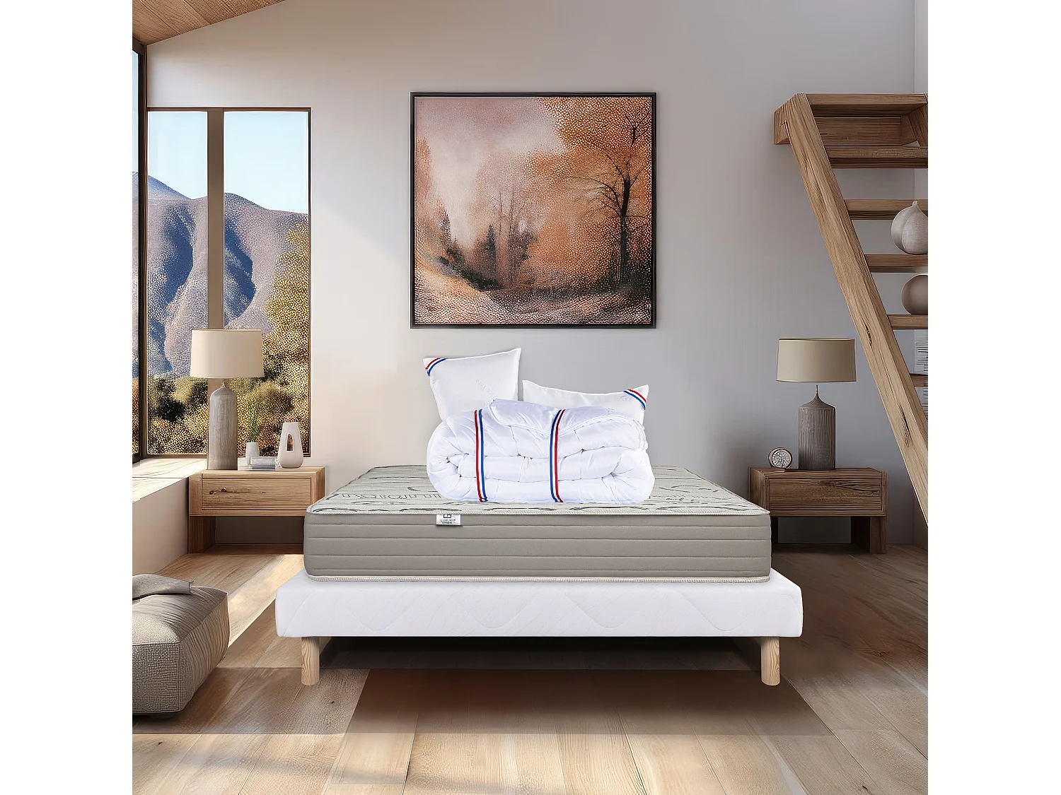 Ensemble Matelas 160x200 cm, Organic Cotton, 24 cm + sommier blanc + 2 oreillers + couette
