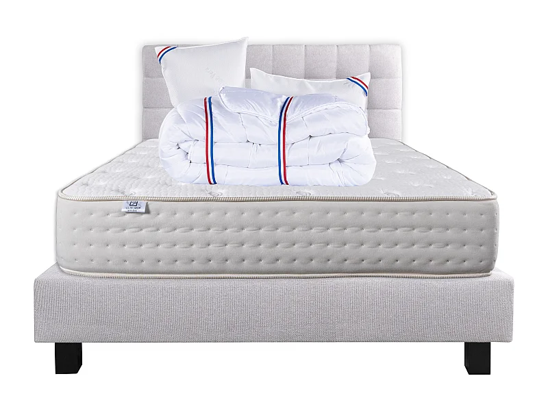 Ensemble Matelas 160x200 cm, Purlux, 26 cm + sommier gris + 2 oreillers + couette + TDL