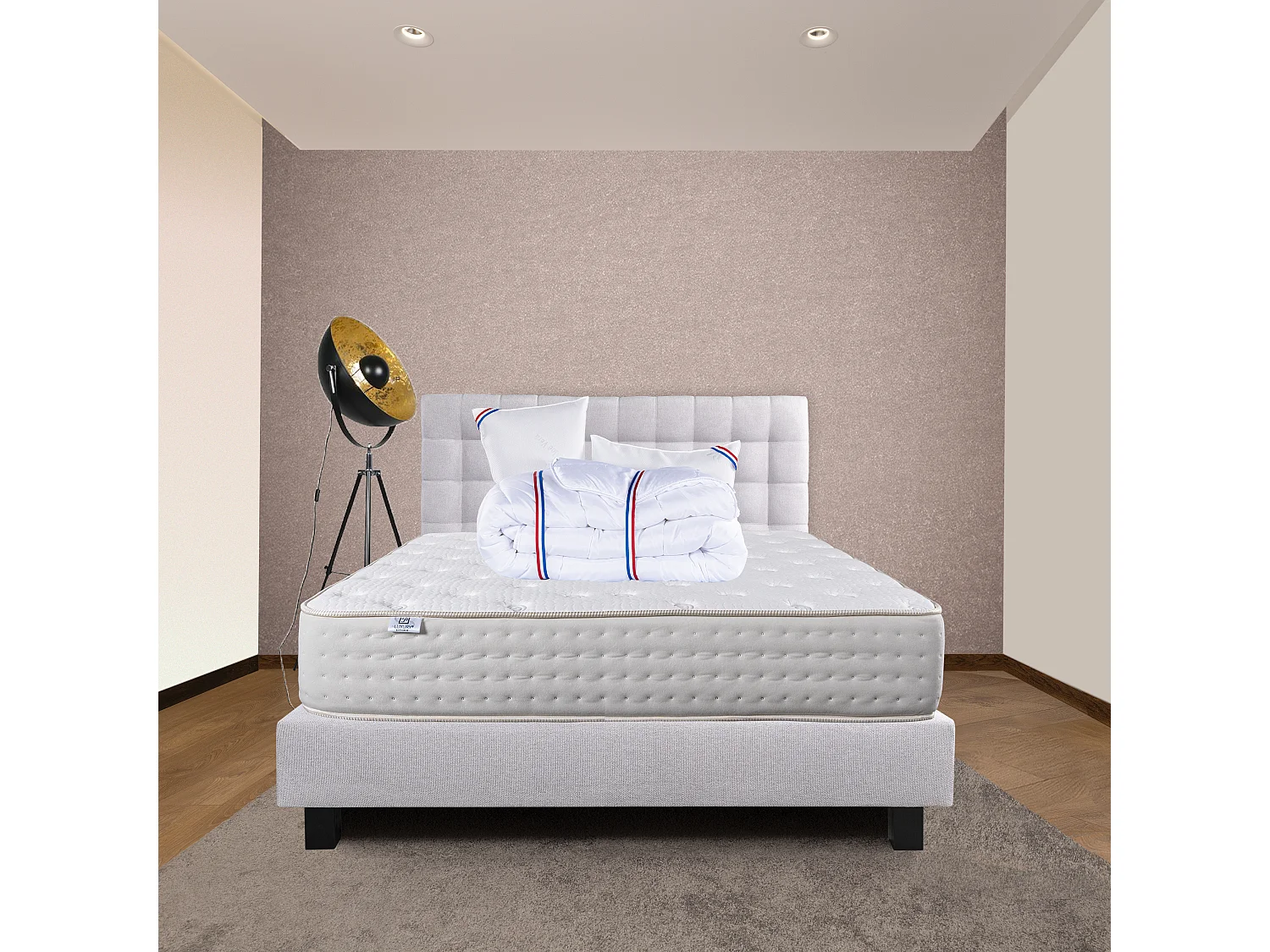 Ensemble Matelas 160x200 cm, Purlux, 26 cm + sommier gris + 2 oreillers + couette + TDL