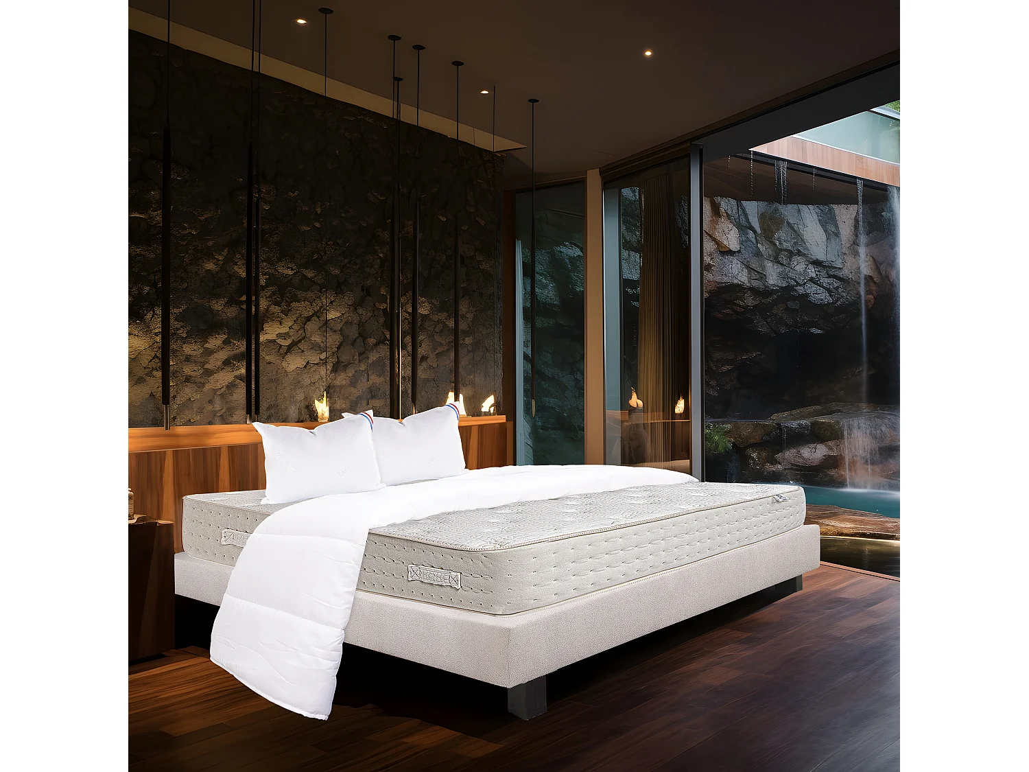 Ensemble Matelas 140x190 cm, Purlux, 26 cm + sommier gris + 2 oreillers + couette