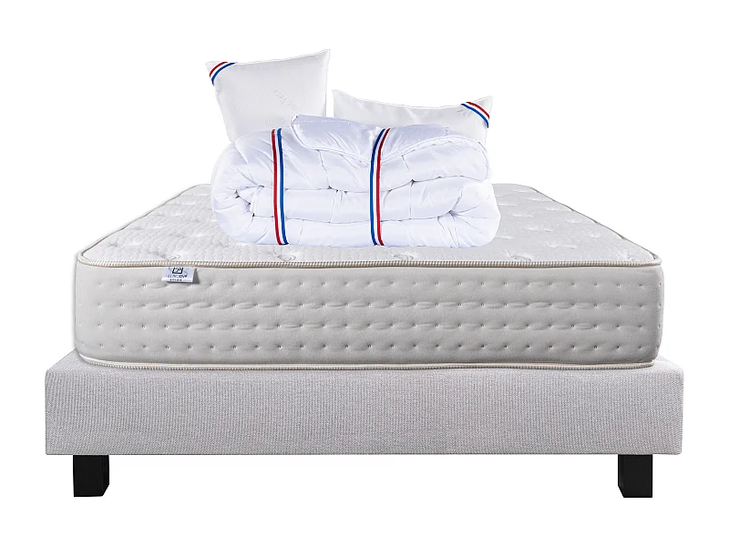 Ensemble Matelas 140x190 cm, Purlux, 26 cm + sommier gris + 2 oreillers + couette