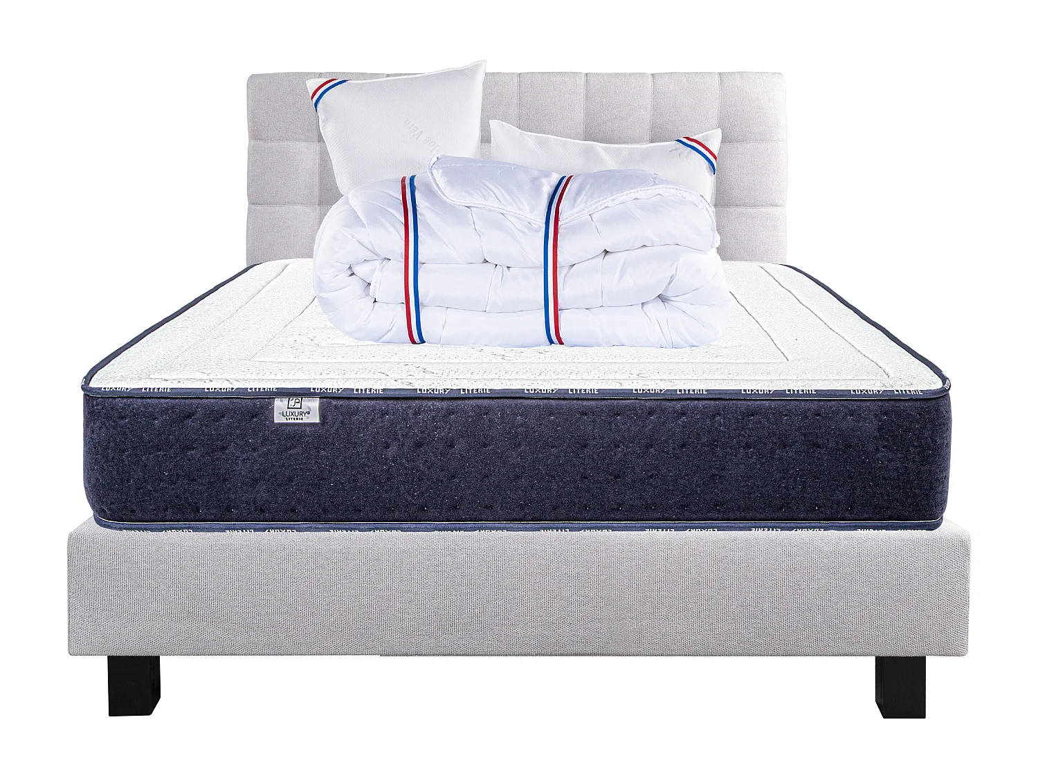 Ensemble Matelas 140x200 cm, Nuage, 24 cm + sommier gris + 2 oreillers + couette + TDL