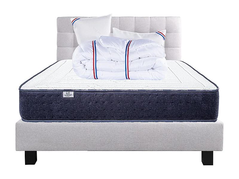 Ensemble Matelas 140x200 cm, Nuage, 24 cm + sommier gris + 2 oreillers + couette + TDL