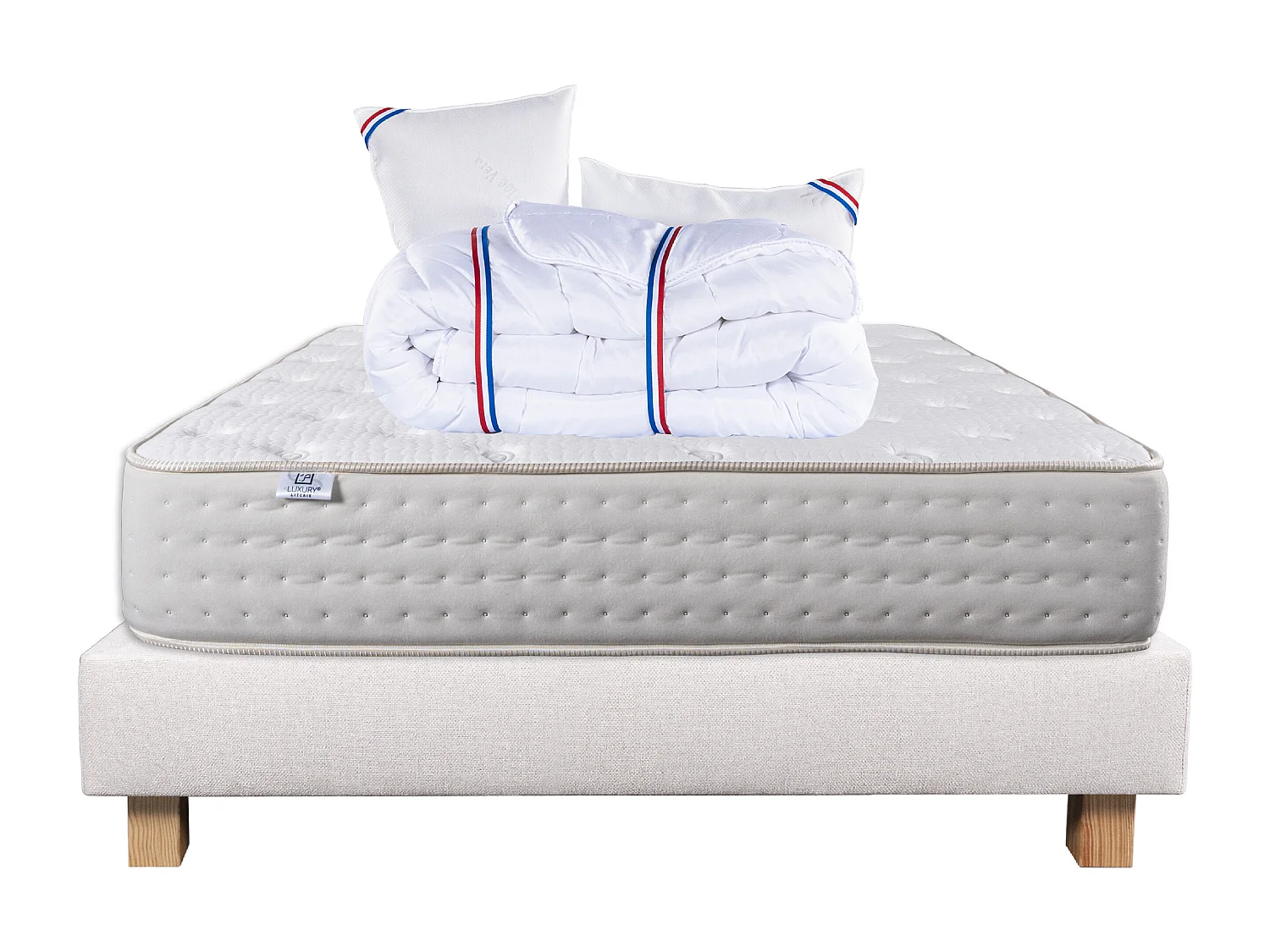 Ensemble Matelas 140x190 cm, Purlux, 26 cm + sommier beige + 2 oreillers + couette